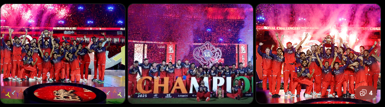 Royal Challengers Bengaluru (RCB) ne IPL 2026 Final me Gujarat Titans ko 5 wickets se hara kar lagataar doosri baar trophy jeet li. Ahmedabad ke Narendra Modi Stadium me khela gaya final RCB ke naam raha. ⭐ Match Hero – Virat Kohli 42 balls me unbeaten 75 runs 9 fours aur 3 sixes Winning six laga kar match finish kiya Player of the Match bane 📊 Final Score Gujarat Titans: 155/8 RCB: 161/5 (18 overs) RCB won by 5 wickets 🎉 RCB Celebration Match jeetne ke baad poori team ne trophy ke saath grand celebration kiya. Stadium me fireworks hue, players ne trophy uthakar fans ko salute kiya aur Virat Kohli ka celebration social media par viral ho gaya.